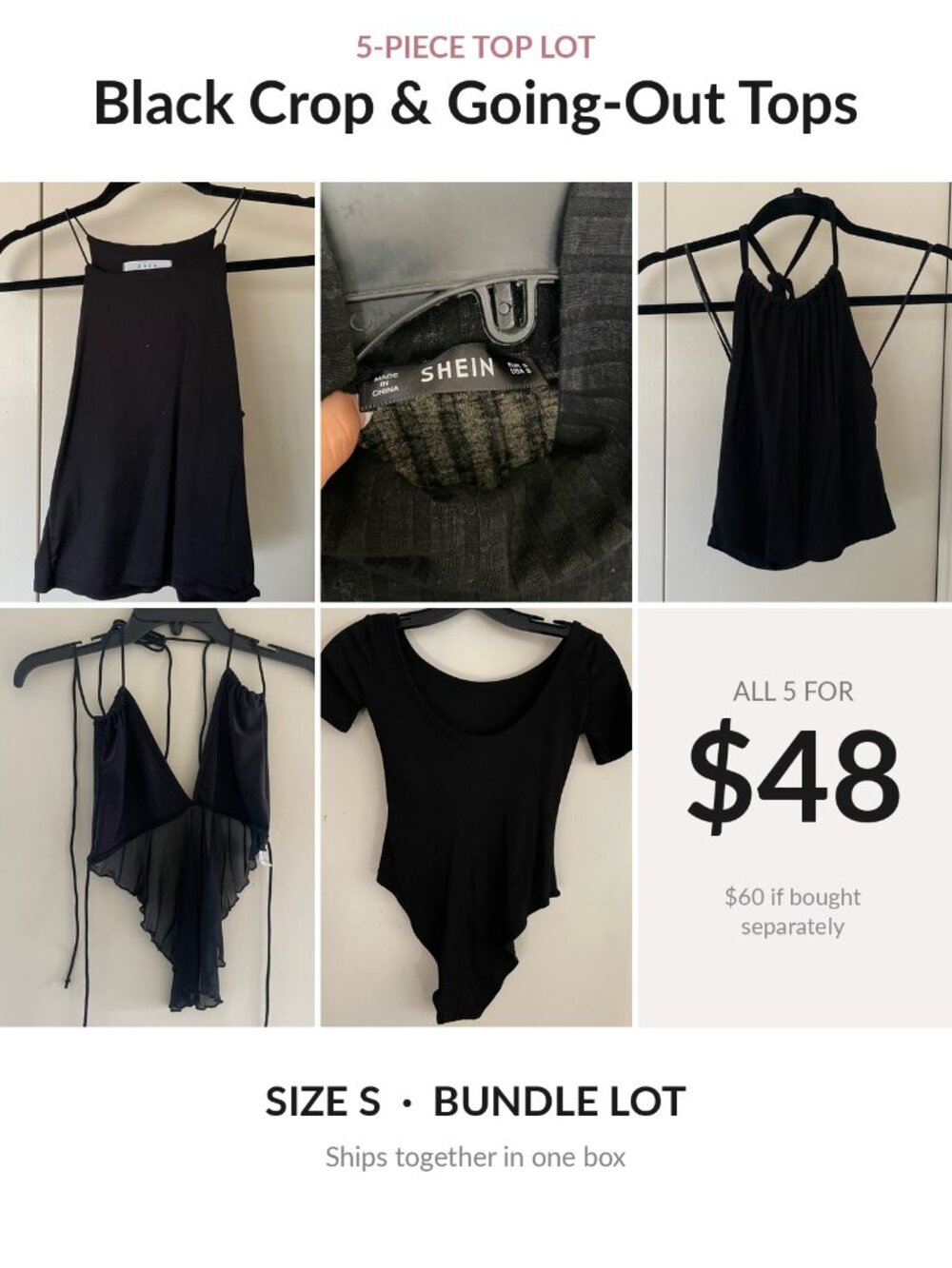 Bundle Lot 5 Black Crop Tops Going Out Tanks Bodysuit Size S